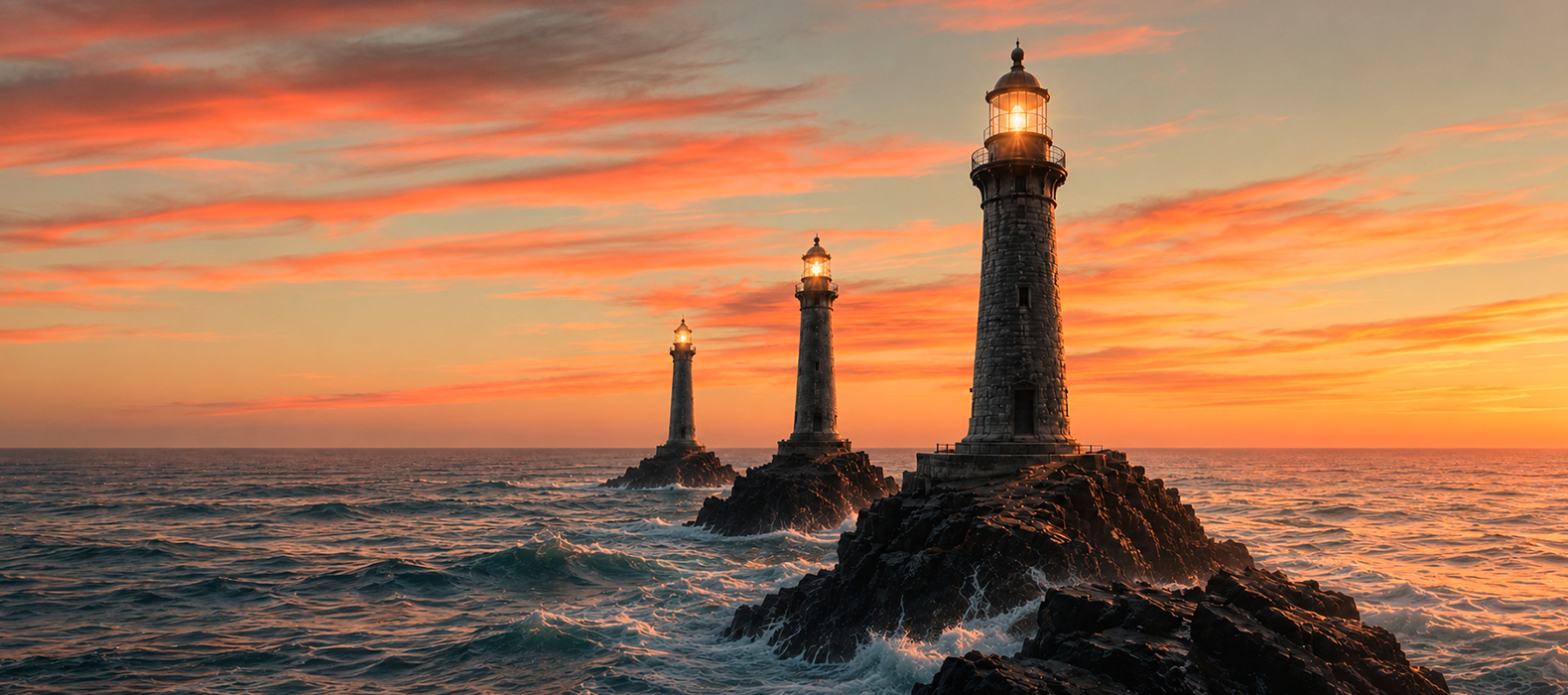 Três faróis acesos sobre o mar ao pôr do sol